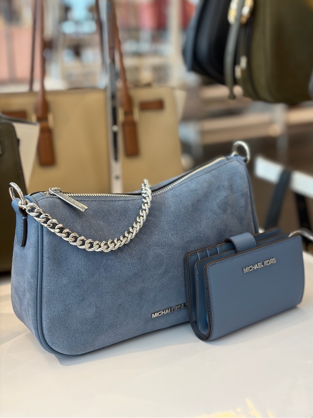 Michael Kors Light Blue Suede Shoulder Bag with Matching Wallet